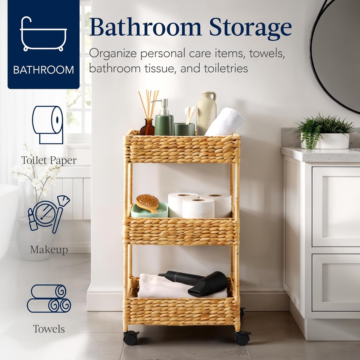 3-Tier Water Hyacinth Rolling Nursery Caddy W/Wheels, Utility Cart, Storage Organization for Bathroom, Craft Room, Laundry Room - Natural