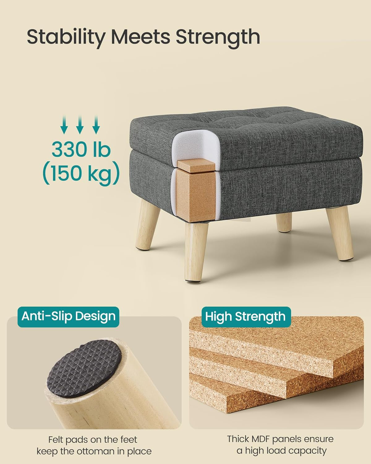Storage Ottoman, Foot Stool, Ottoman with Padded Seat, Foot Rest with Wood Legs, Small Table, for Hallway, Living Room, 11.8 X 15.7 X 11.4 Inches, Linen-Look Fabric, Slate Gray ULOM517GN01