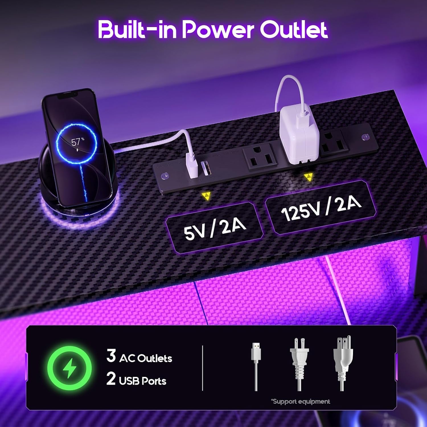 48 Inch Gaming Desk with LED Lights and Power Outlet, U-Shaped Computer Desk with Monitor Stand and Storage Shelves, PC Gamer Table for Home Office, Carbon Fiber Black