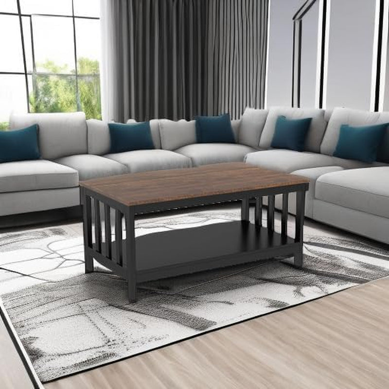 Farmhouse Coffee Table, Black Living Room Table with Shelf, 40 Inch