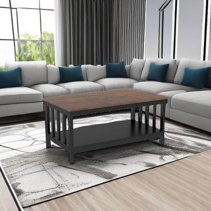 Farmhouse Coffee Table, Black Living Room Table with Shelf, 40 Inch