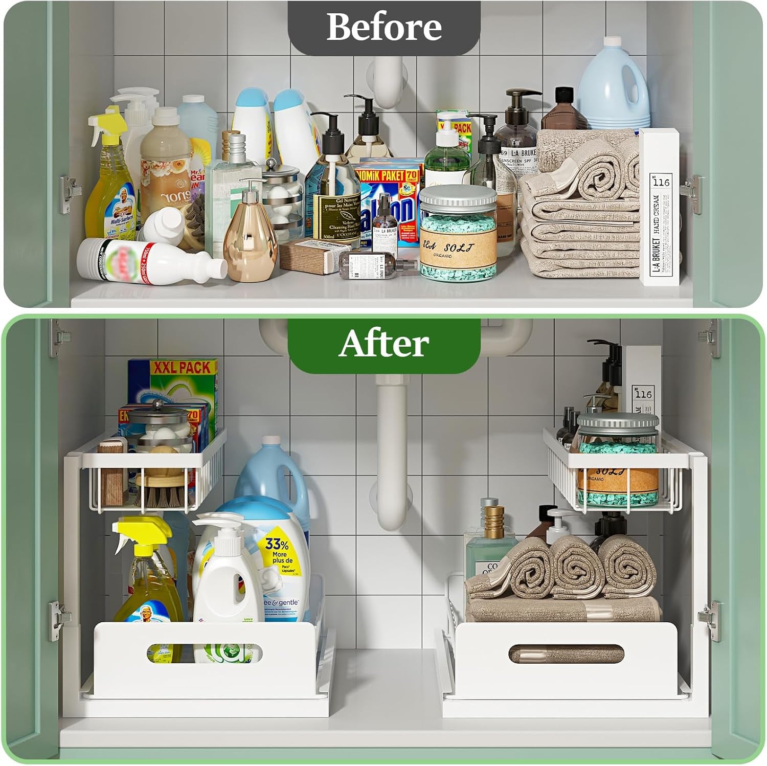 under Sink Organizer, Pull Out Cabinet Organizer 2 Tier Slide Out Sink Shelf Cabinet Storage Shelves, under Sink Storage for Kitchen Bathroom Cabinet, White, 1 Pack