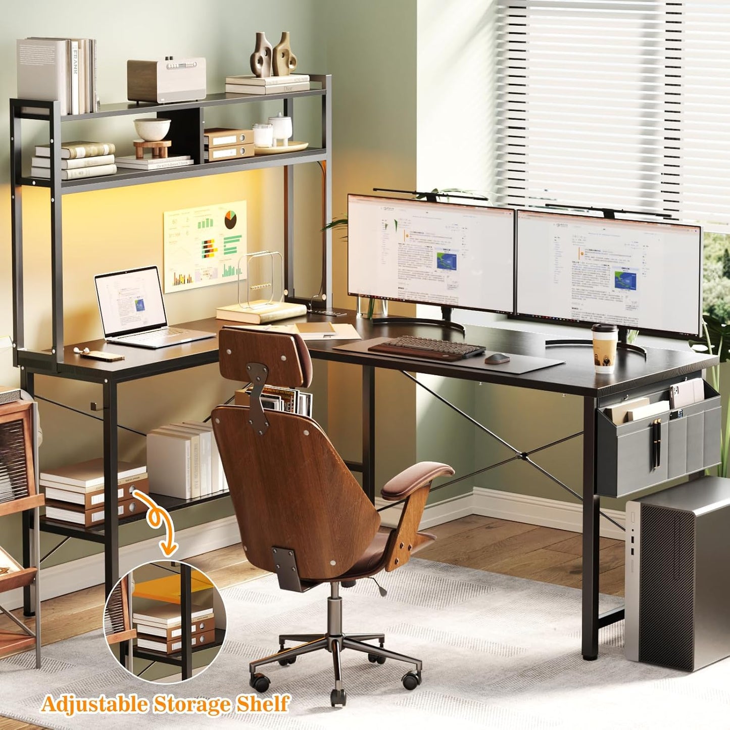 L Shaped Desk Gaming Desk, 59" L Shaped Computer Desk with LED Light & Power Outlet, Reversible Home Office Desk Gamer Desks with Shelves & Storage Bag & Hooks, Corner PC Desk, Black