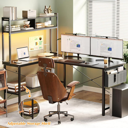 L Shaped Desk Gaming Desk, 59" L Shaped Computer Desk with LED Light & Power Outlet, Reversible Home Office Desk Gamer Desks with Shelves & Storage Bag & Hooks, Corner PC Desk, Black