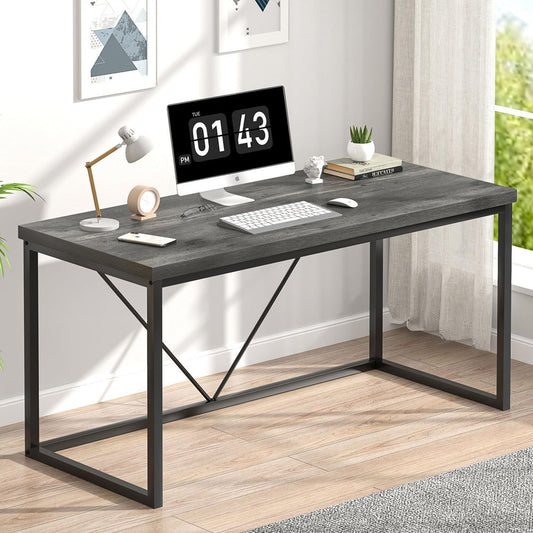 Modern Home Office Desk, Wood and Metal Computer Desk, Industrial Writing Study Gaming Table for Living Room Bedroom, Rustic Grey, 53 Inch