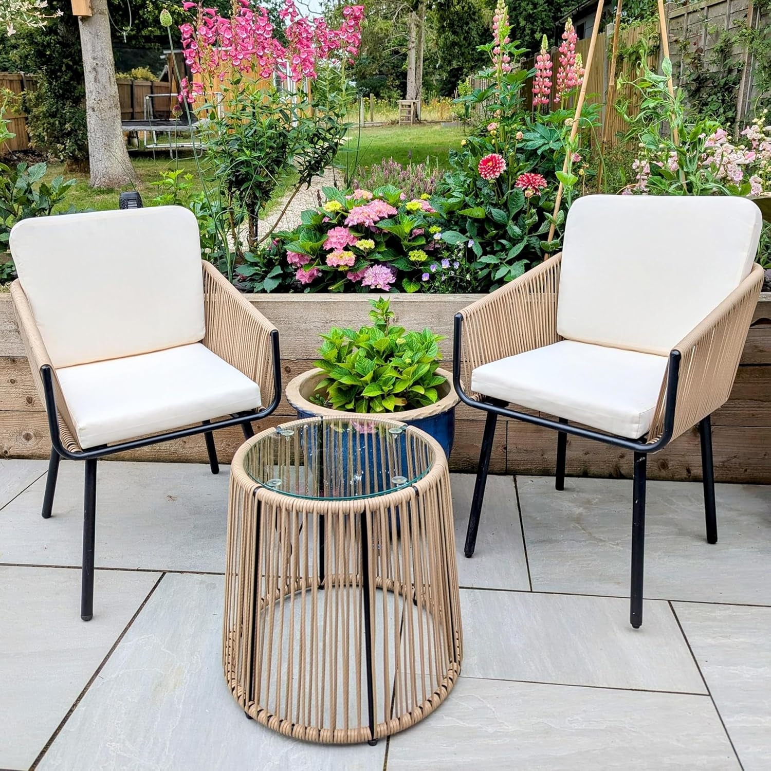 3 Piece Patio Rattan Bistro Set, Outdoor All Weather PE Wicker Conversation Furniture Set with 2 Chairs & Tempered Glass Top Table & Cushions, for Poolside/Porch/Garden/Yard, Tan/Cream