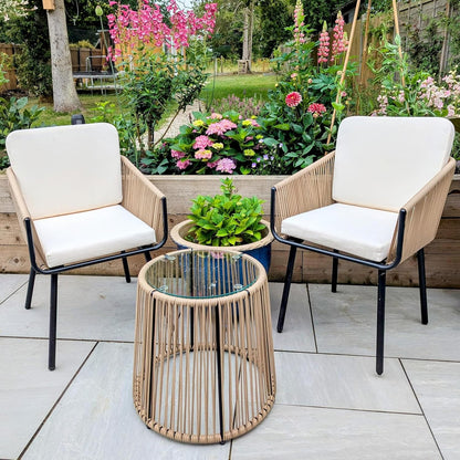 3 Piece Patio Rattan Bistro Set, Outdoor All Weather PE Wicker Conversation Furniture Set with 2 Chairs & Tempered Glass Top Table & Cushions, for Poolside/Porch/Garden/Yard, Tan/Cream