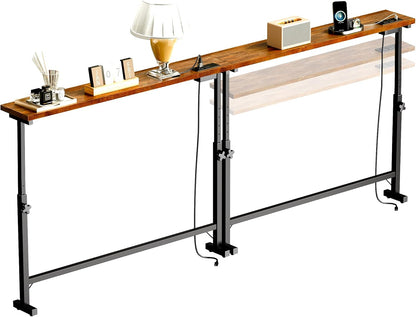 2 Pack 79" Narrow Console Table with Adjustable Height(23"-31") behind Couch Sofa Table with 2 Power Outlets 79"*5.9" Long Entryway Table for Hallway Bedroom Living Room Foyer Rustic Brown