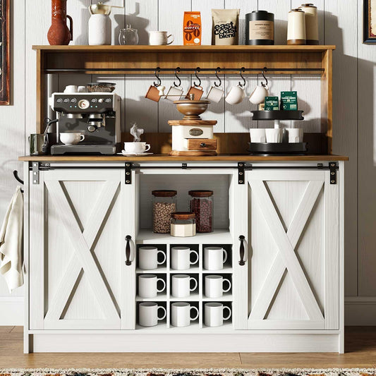 Farmhouse Coffee Bar Cabinet with Hutch, 47 Inch Buffet Cabinet with Storage, White Wine Bar with 9 Wine Racks and 6 Hooks, Coffee Bar Table with Adjustable Shelves for Living Dining Room