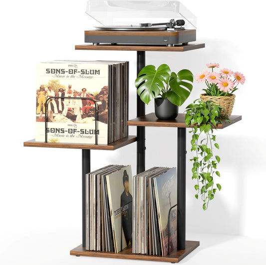 Botanical Record Player Stand with Vinyl Storage, Wood Turntable Table Furniture with LP Record Shelf, Record Album Organizer & Display for Small Spaces, Apartments, Bedroom, Living Room