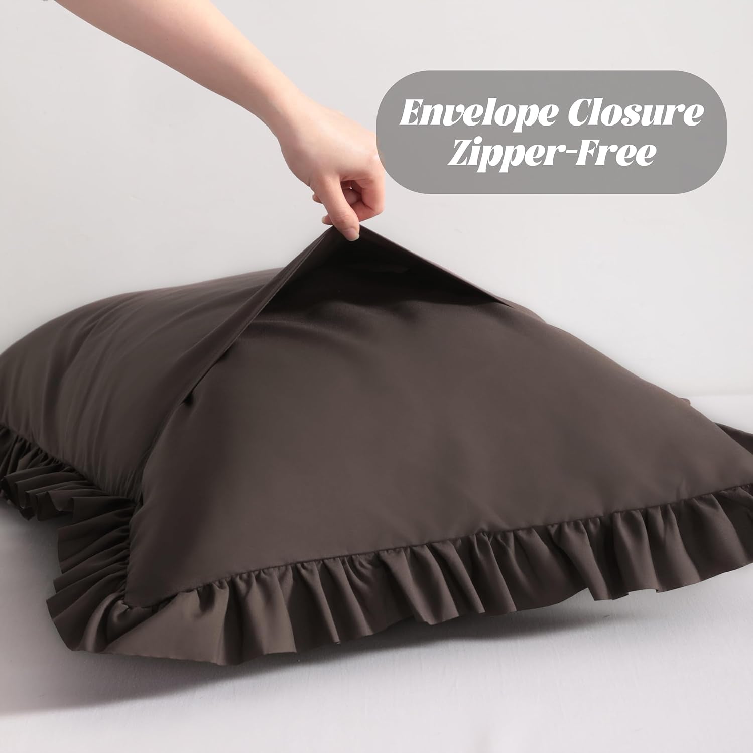 Ruffled Pillow Shams King 20X36 Set of 2, Brushed Microfiber Pillowcases with Envelope Closure, Soft Wrinkle-Resistant, Dark Brown