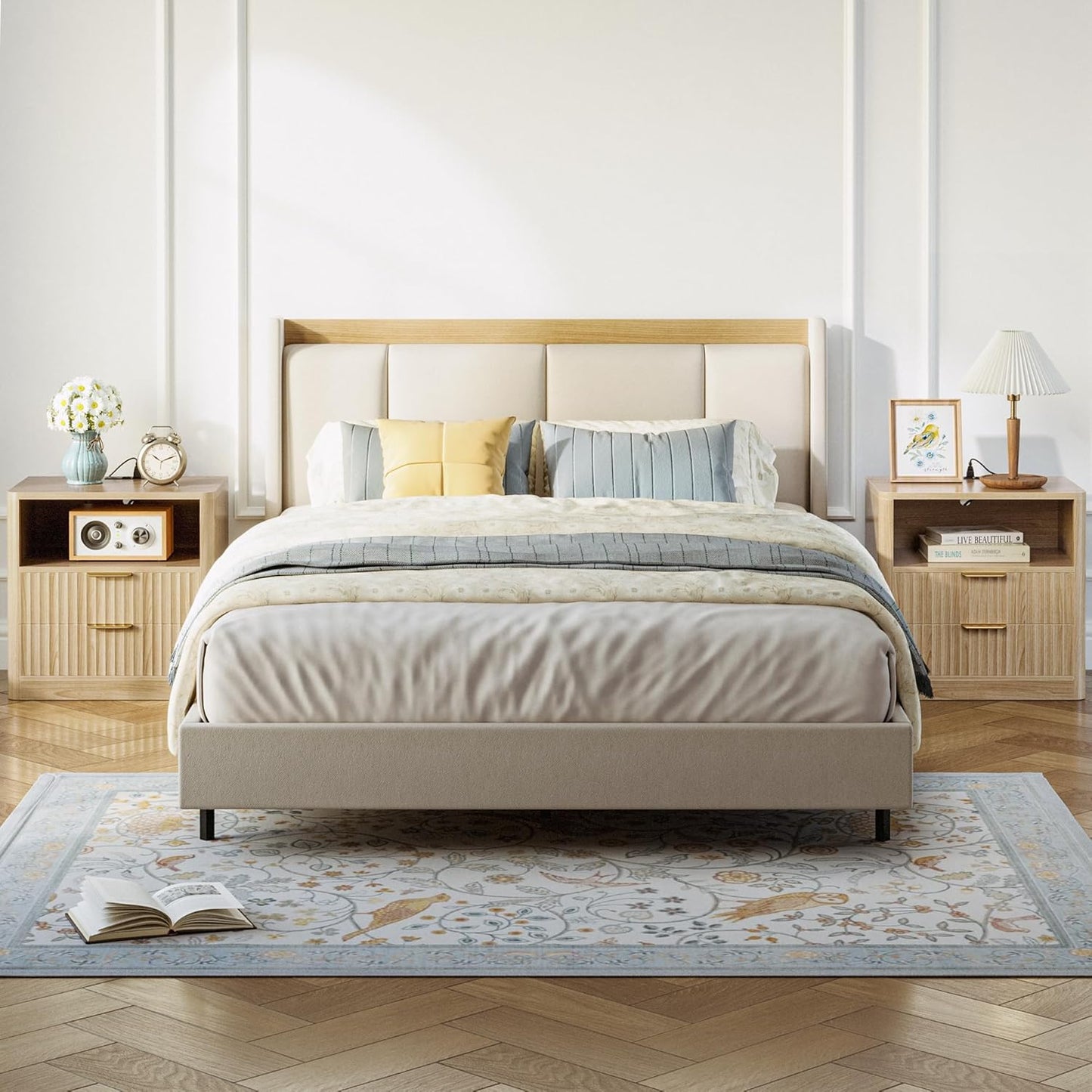 Fluted Night Stand Set of 2, Modern Nightstand with Charging Station, Drawers and Open Shelves - Bedside Table Wood Side Table Set for Bedroom, Oak