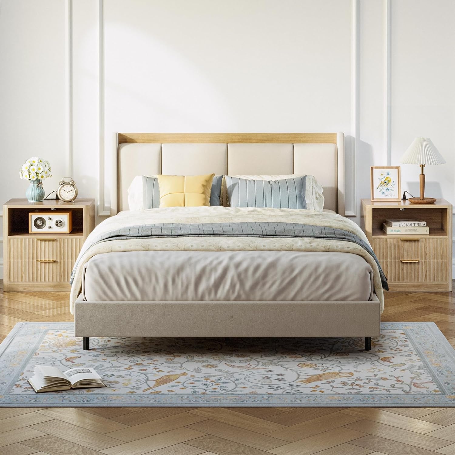 Fluted Night Stand Set of 2, Modern Nightstand with Charging Station, Drawers and Open Shelves - Bedside Table Wood Side Table Set for Bedroom, Oak