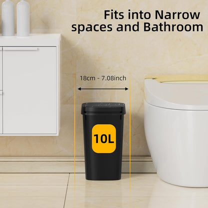 3 Pack Bathroom Small Trash Can with Lid, 2.6 Gallon Slim Garbage Bin with Pop-Up Lid, 10L Plastic Wastebasket for Bedroom, Office, Kitchen, Toilet (Black)