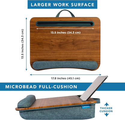 Portable Laptop Lap Desk with Pillow Cushion, Anti-Slip Strip, Tablet or Phone Storage Slot, Pen and Pencil Pocket, and Wrist Rest - Espresso Woodgrain - Fits 17.3" Laptops - Style No. 91342