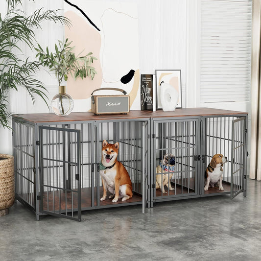 Heavy Duty Dog Crate Furniture: 70Inch Extra Large Unlimited Connected TV Stand Style Dog Cages with Removable Divider - Indoor Decorative Wood Table Top Metal Dog Kennels with One to Four Rooms