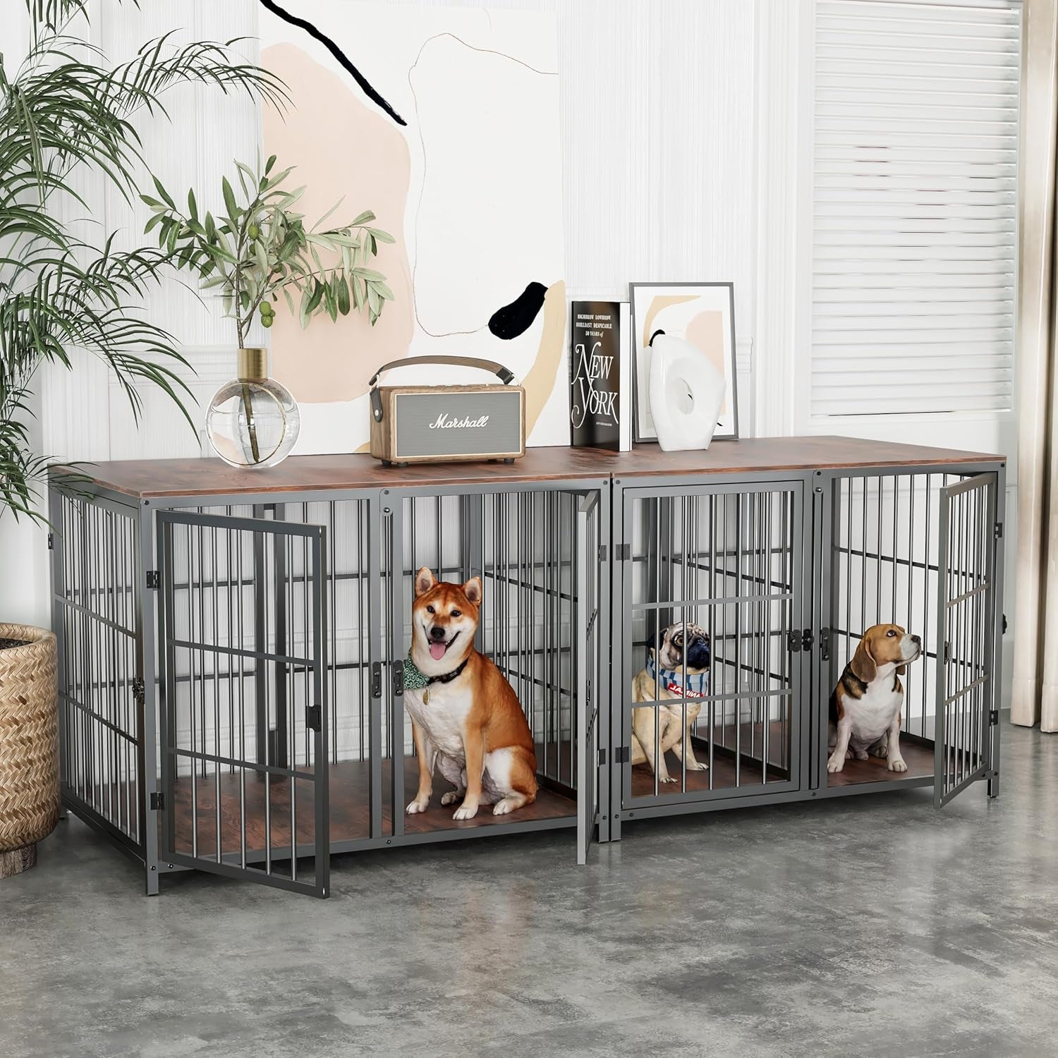 Heavy Duty Dog Crate Furniture: 35Inch Indoor Unlimited Connected Wood Pet Cage with Removable Divider - End Table Style Puppy Kennel with Double Rooms and 4 Doors for Small Medium Dogs