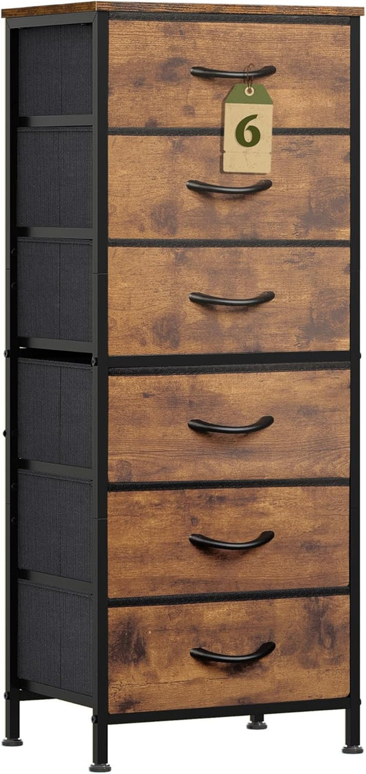 Tall Dresser for Bedroom, 6 Drawer Dressers & Chests of Drawers, Fabric Dresser for Closet, Night Stand with Metal Frame, Storage Tower with Fabric Bins, Wood Top, Rustic Brown Wood Grain Print