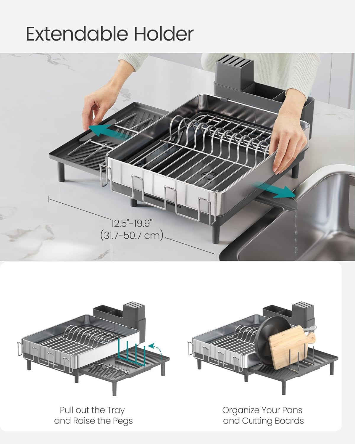 Large Dish Drying Rack, Expandable Dish Dryer for Kitchen Counter, Stainless Steel Dish Rack with Rotatable Spout, Utensil, Cup, Glass, Cutting Board, Pan Holders, Silver and Gray UKCS037G01