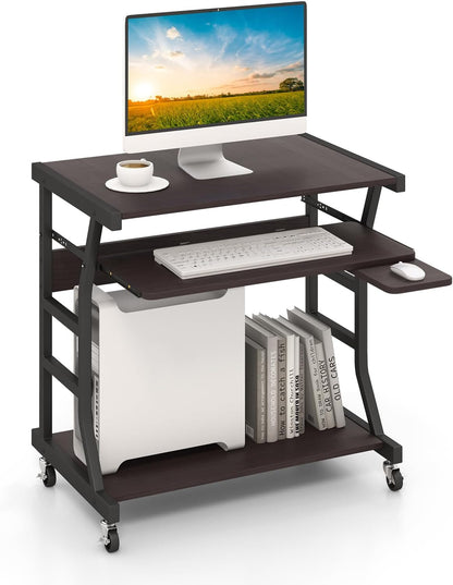 Mobile Computer Desk with Keyboard Tray, Portable Small Rolling Desk with Mouse Tray & Bottom Storage Shelf, Rolling Laptop PC Desk Cart with Lockable Wheels for Small Space (Brown)