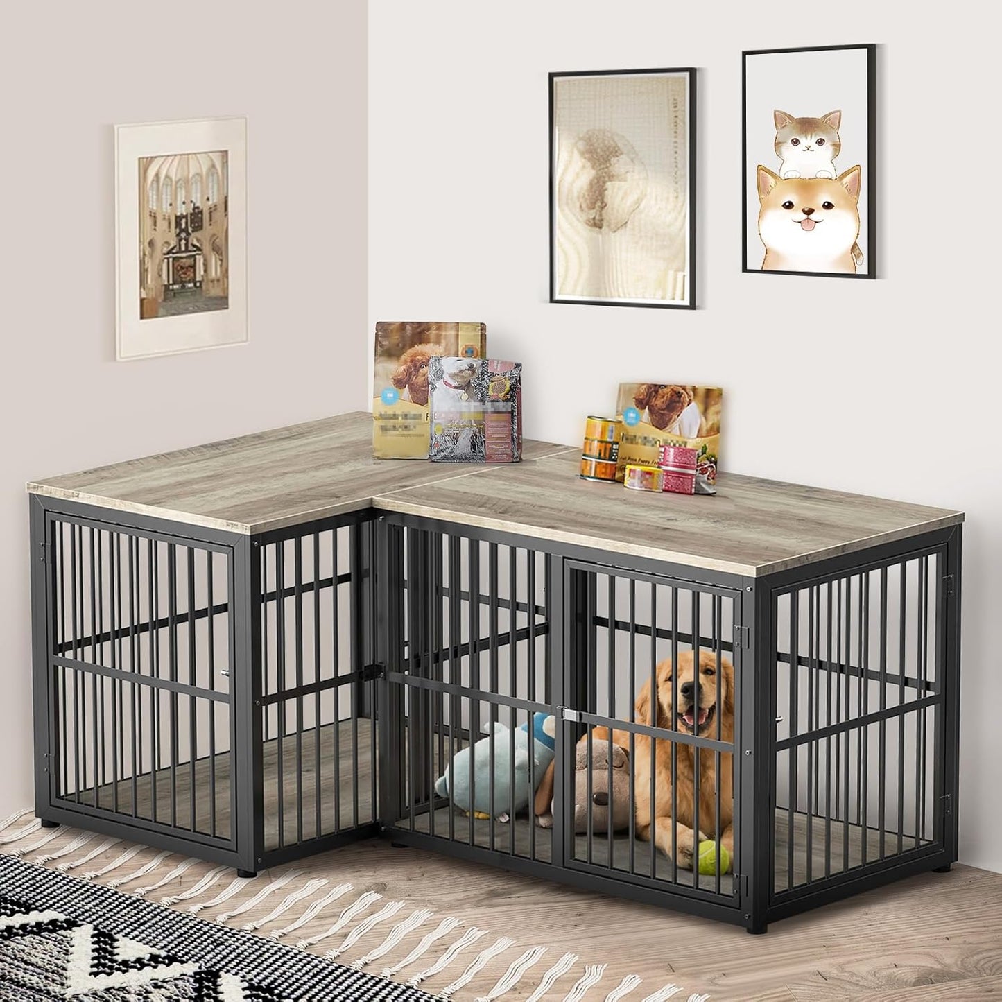 43'' L-Shaped Corner Dog Crate Furniture Large Breed with Double Rooms,Wooden Dog Crate End Table Indoor with Removable Divider for Small to Medium Dogs, Can Use Separately