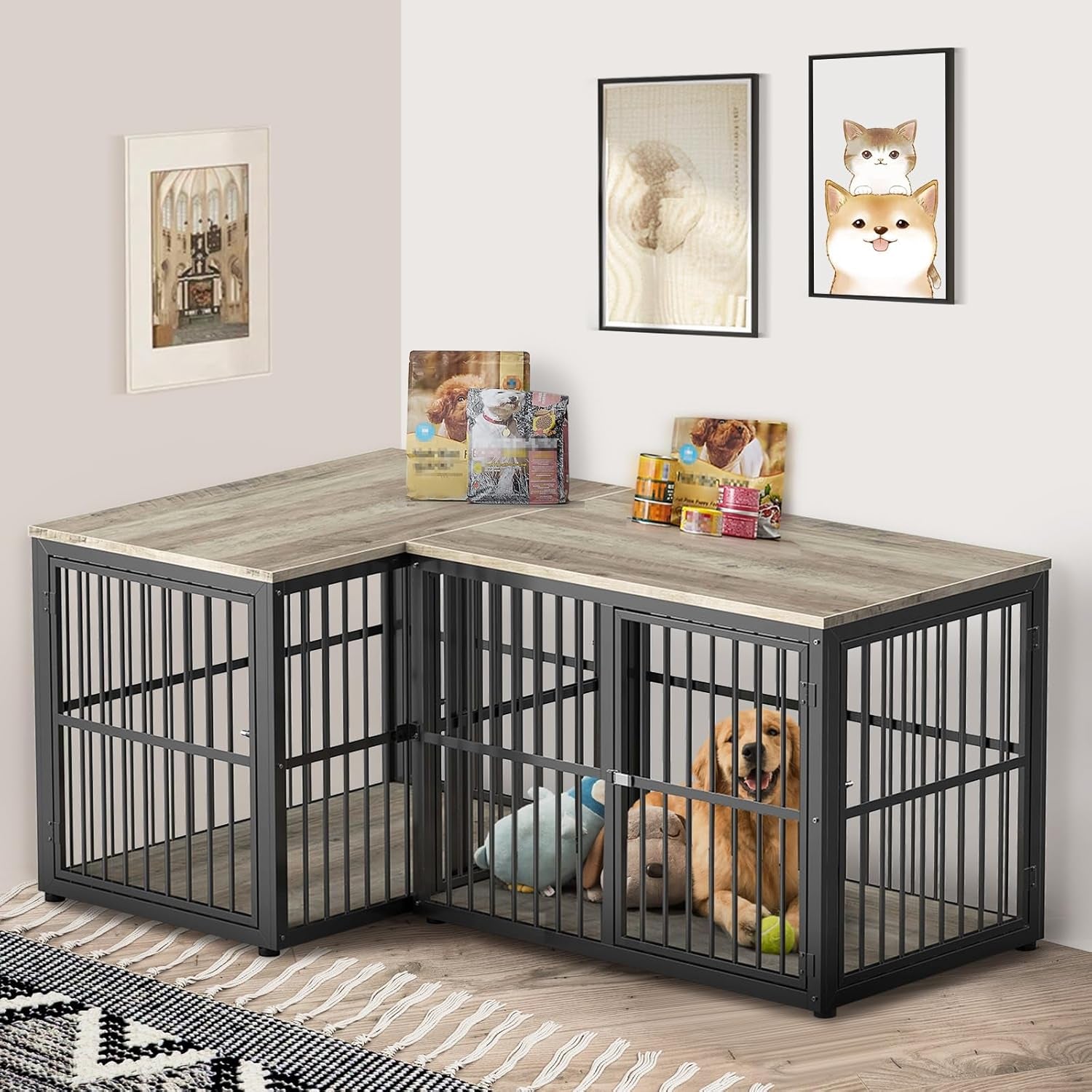 43'' L-Shaped Corner Dog Crate Furniture Large Breed with Double Rooms,Wooden Dog Crate End Table Indoor with Removable Divider for Small to Medium Dogs, Can Use Separately