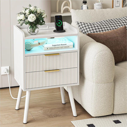 White Fluted Nightstand with Charging Station, LED Night Stand with 2 Wood Drawers for Bedroom, Modern Bedside Table, 15.7 X 11.8 X 25.6In