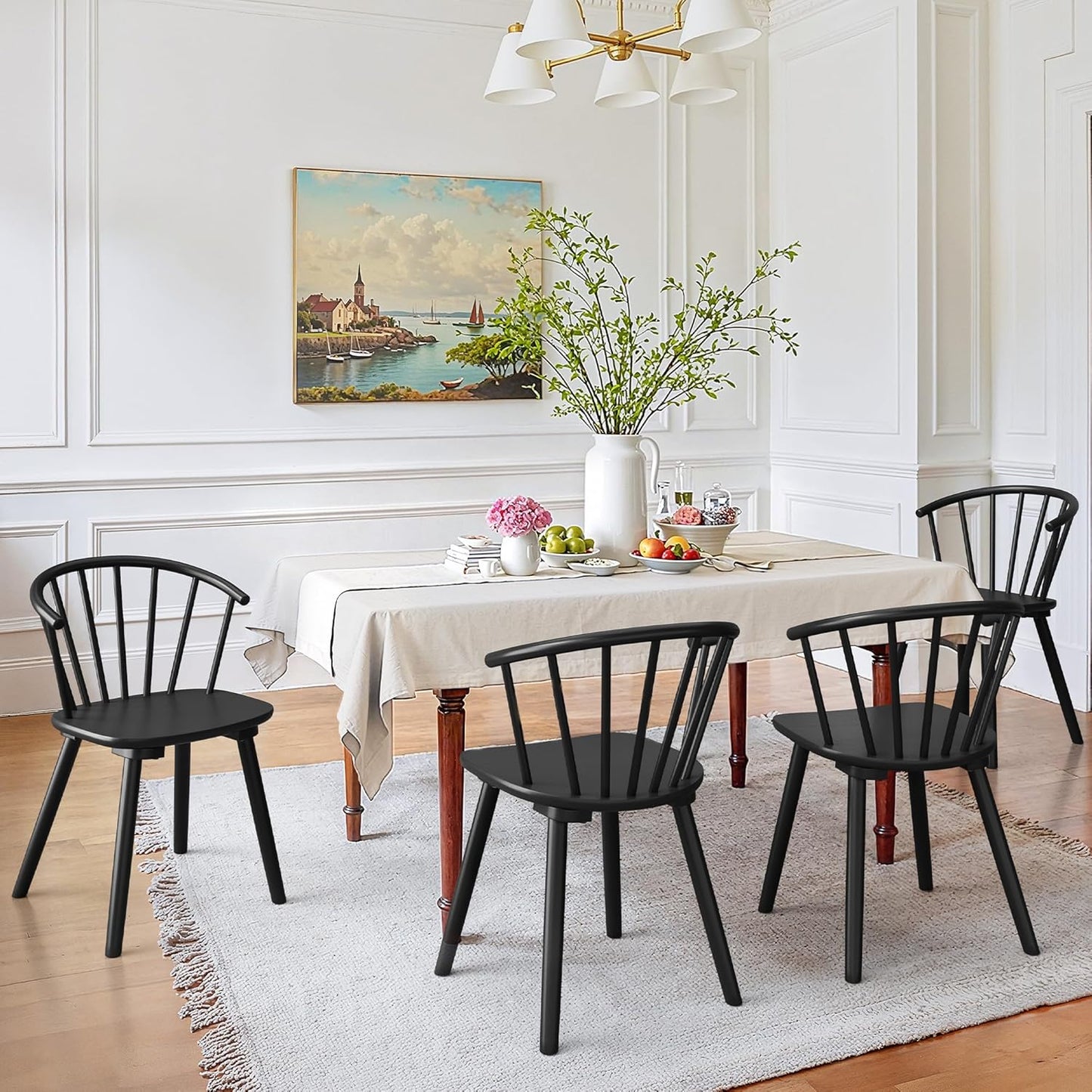 Black Dining Chairs Set of 4, Farmhouse Wood Dining Chairs with Semicircular Backrest, Spindle Dining Chair for Kitchen and Dining Room, 18 Inch