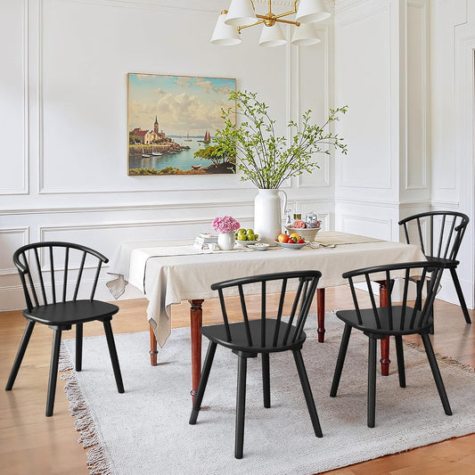 Black Dining Chairs Set of 4, Farmhouse Wood Dining Chairs with Semicircular Backrest, Spindle Dining Chair for Kitchen and Dining Room, 18 Inch