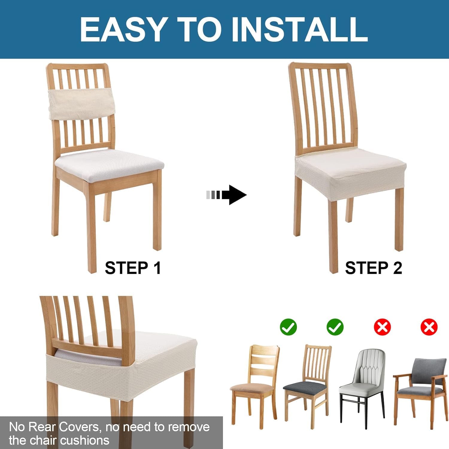Waterproof Seat Covers for Dining Room Chairs Set of 4, Stretch Jacquard Removable Washable Chair Seat Slipcovers Protector, No Rear Covers, Beige