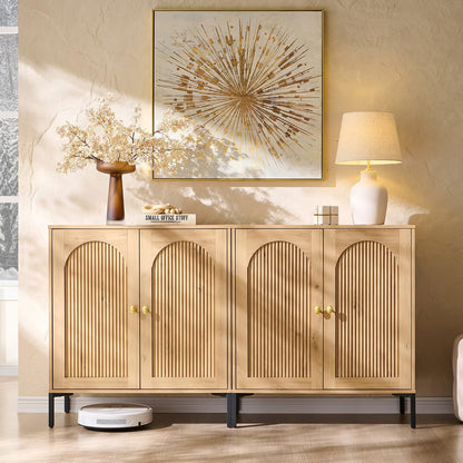 Modern Buffet Cabinet with Storage, 61.75" W Fluted Arched Sideboard Cabinet W/Adjustable Shelves, Wooden Modular Coffee Bar for Dining Room, Kitchen, Living Room, Entryway, Natural