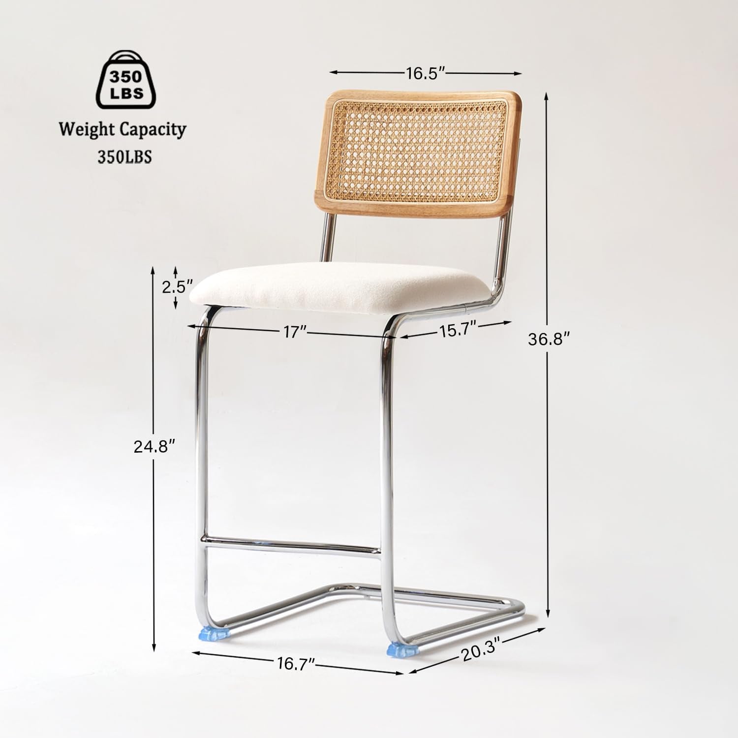 Natural Rattan Counter Height Stools Set of 2 with Solid Wood Back, 24 Inch Mid Century Modern Cesca Bar Stools, White Upholstery Boho Stool for Kitchen Counter with Chrome Metal Legs