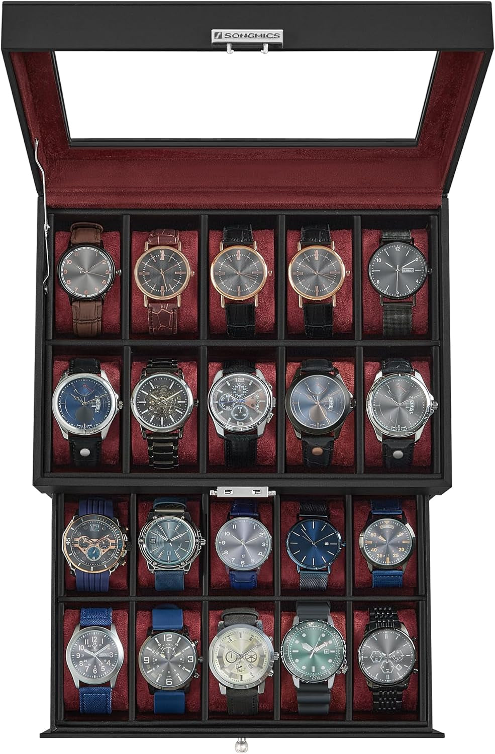 Watch Box, 20-Slot Watch Case Organizer with Large Glass Lid, Removable Pillows, Metal Lock, Gift for Loved Ones, Black Synthetic Leather, Wine Red Lining UJWB020R01