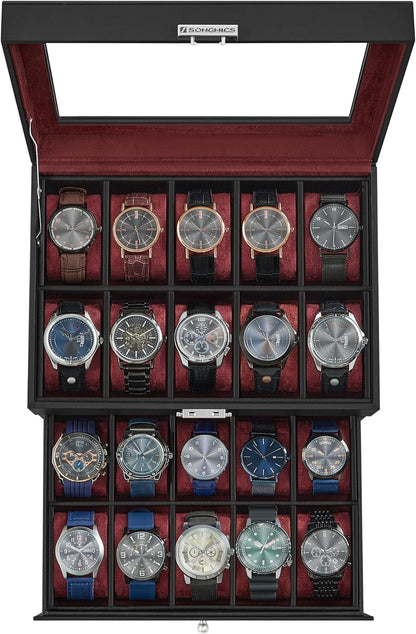 Watch Box, 20-Slot Watch Case Organizer with Large Glass Lid, Removable Pillows, Metal Lock, Gift for Loved Ones, Black Synthetic Leather, Wine Red Lining UJWB020R01