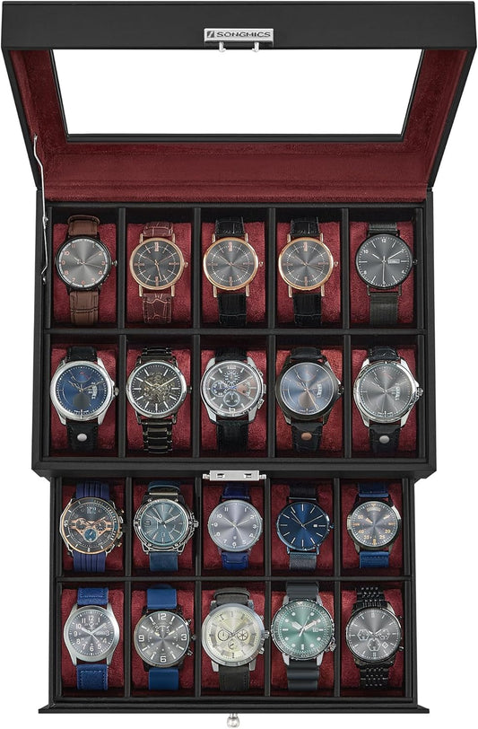 Watch Box, 20-Slot Watch Case Organizer with Large Glass Lid, Removable Pillows, Metal Lock, Gift for Loved Ones, Black Synthetic Leather, Wine Red Lining UJWB020R01