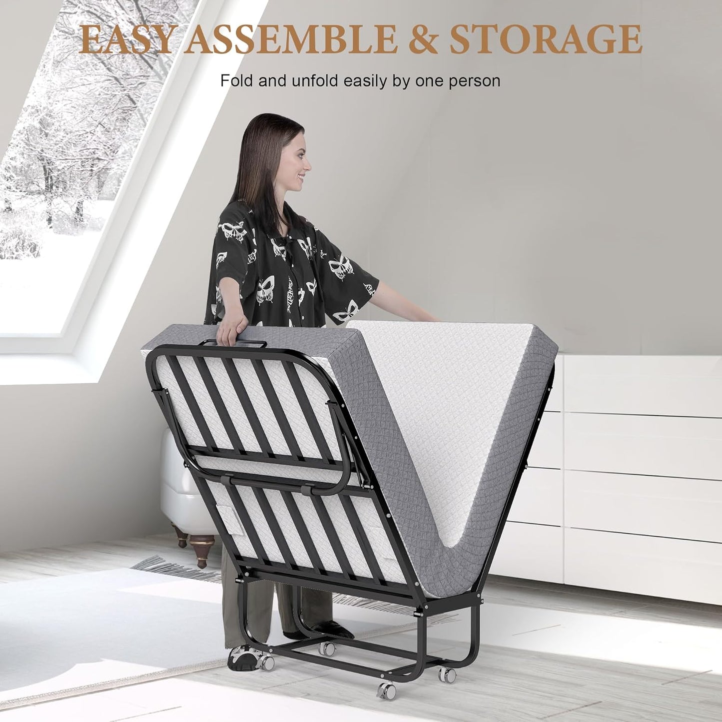 Folding Bed with Memory Foam Mattress, Portable Rollaway Guest Beds on Wheels, 75"X31" Twin Size Space-Saving Cot-Size Bed for Adults with Easy Assembly Metal Frame (White)