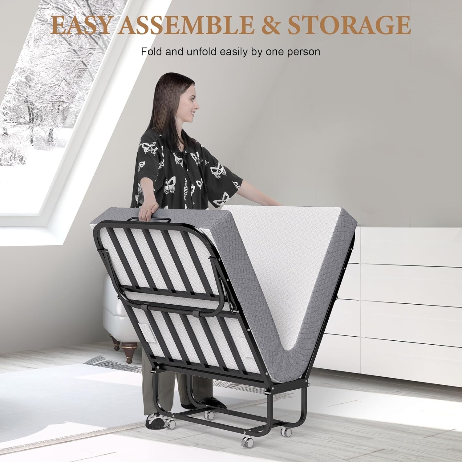 Folding Bed with Memory Foam Mattress, Portable Rollaway Guest Beds on Wheels, 75"X31" Twin Size Space-Saving Cot-Size Bed for Adults with Easy Assembly Metal Frame (White)