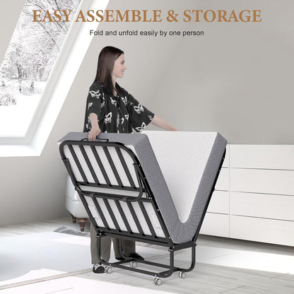 Folding Bed with Memory Foam Mattress, Portable Rollaway Guest Beds on Wheels, 75"X31" Twin Size Space-Saving Cot-Size Bed for Adults with Easy Assembly Metal Frame (White)