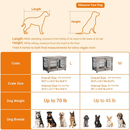 Large Dog Crate Furniture, 38'' Wooden Dog Crate End Table, Double Door Dog Kennel Indoor with Cushion & Wheels, Decorative Dog Cage House Chew-Resistant for Large/Medium, Grey