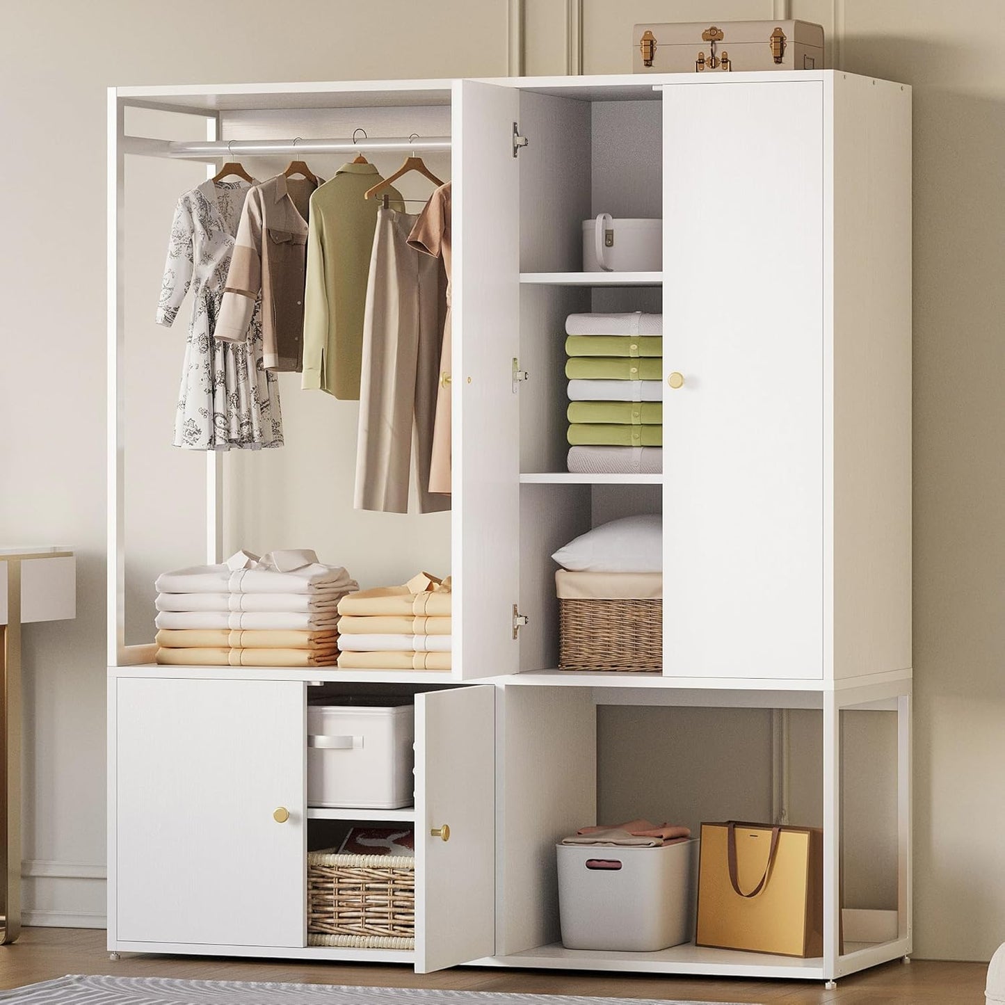 Wardrobe Closet, White Cabinet with Shelves, Large Armoire Clothing Storage with Hanging Rod for Bedroom, Living/Laundry Room