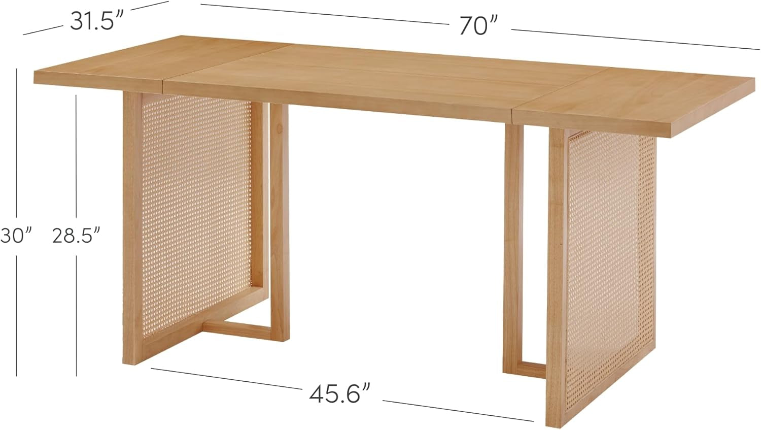 Willow Boho Dining Table for 6 with Solid Wood Legs, 6-Person Natural Wood Dining Table, Warm Pine or Brown with Bohemian Rattan Accent