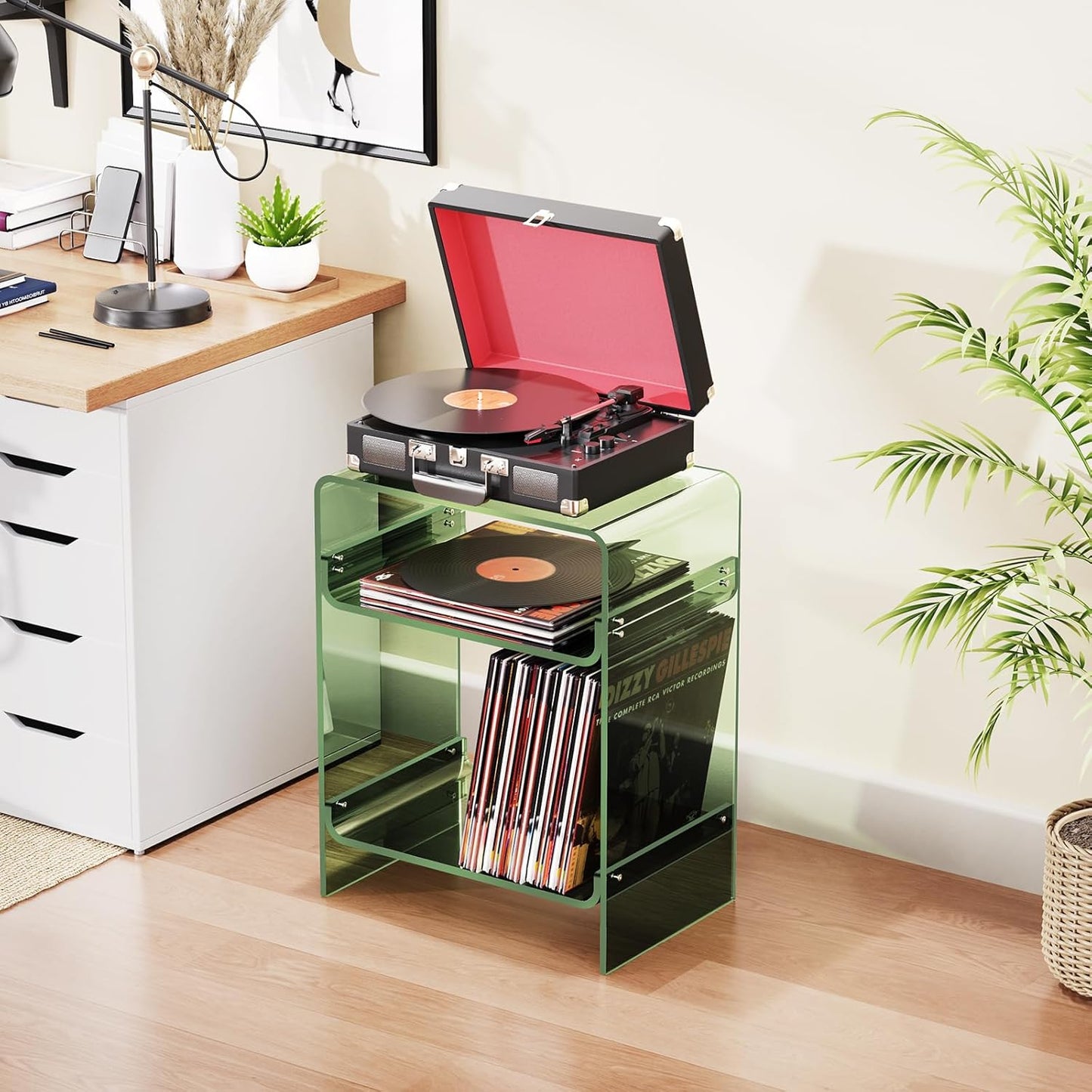 Acrylic Record Player Table with Storage Shelf, Clear Side Table Nightstand (Green, Large)
