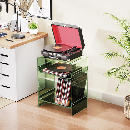 Acrylic Record Player Table with Storage Shelf, Clear Side Table Nightstand (Green, Large)