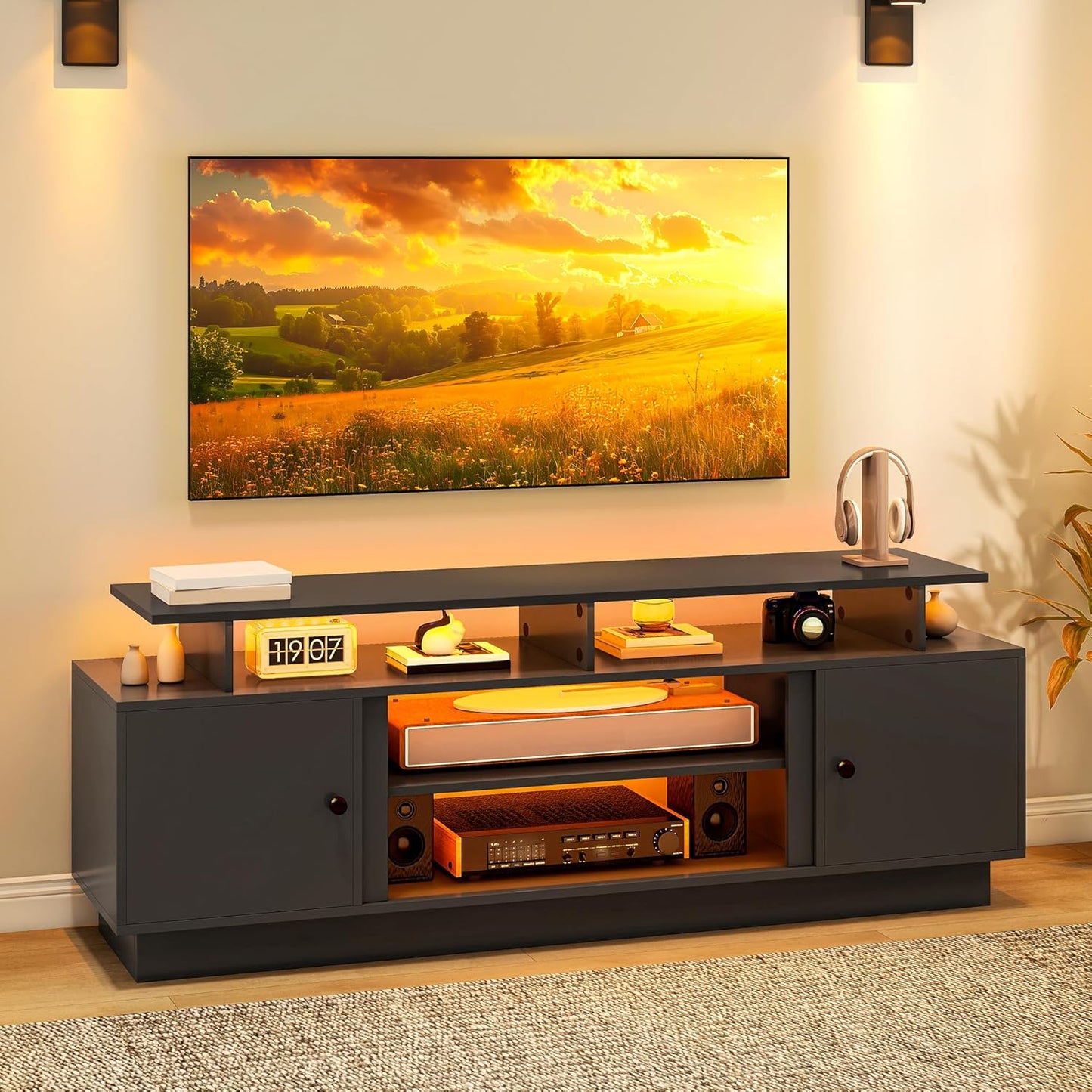 Modern TV Stand with LED Lights for up to 80 Inch Tvs, Entertainment Center with Storage Cabinets & Movable Partition for Living Room (Black)