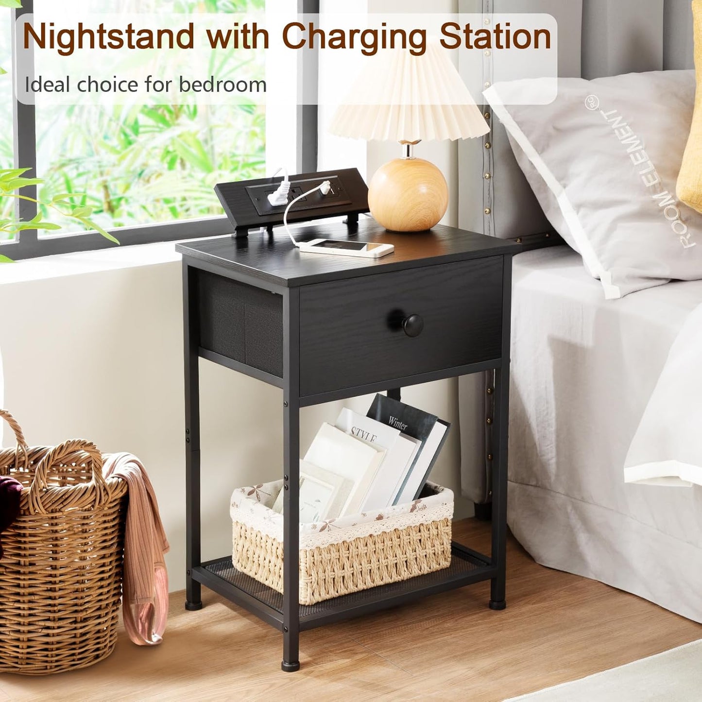 Night Stand, Black Nightstand Set of 2, Small End Tables Living Room with Charging Station, Slim Bed Side Table with Fabric Storage Drawer for Bedroom, Small Space, HET03SDPBK