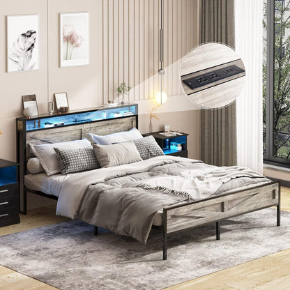 LED Full Size Bed Frame with Charging Station, Platform Metal Bed with Headboard Storage & USB Ports Outlets, Farmhouse Bed Frame with Lights for Bedroom, Noise Free, Wash Grey (Full)