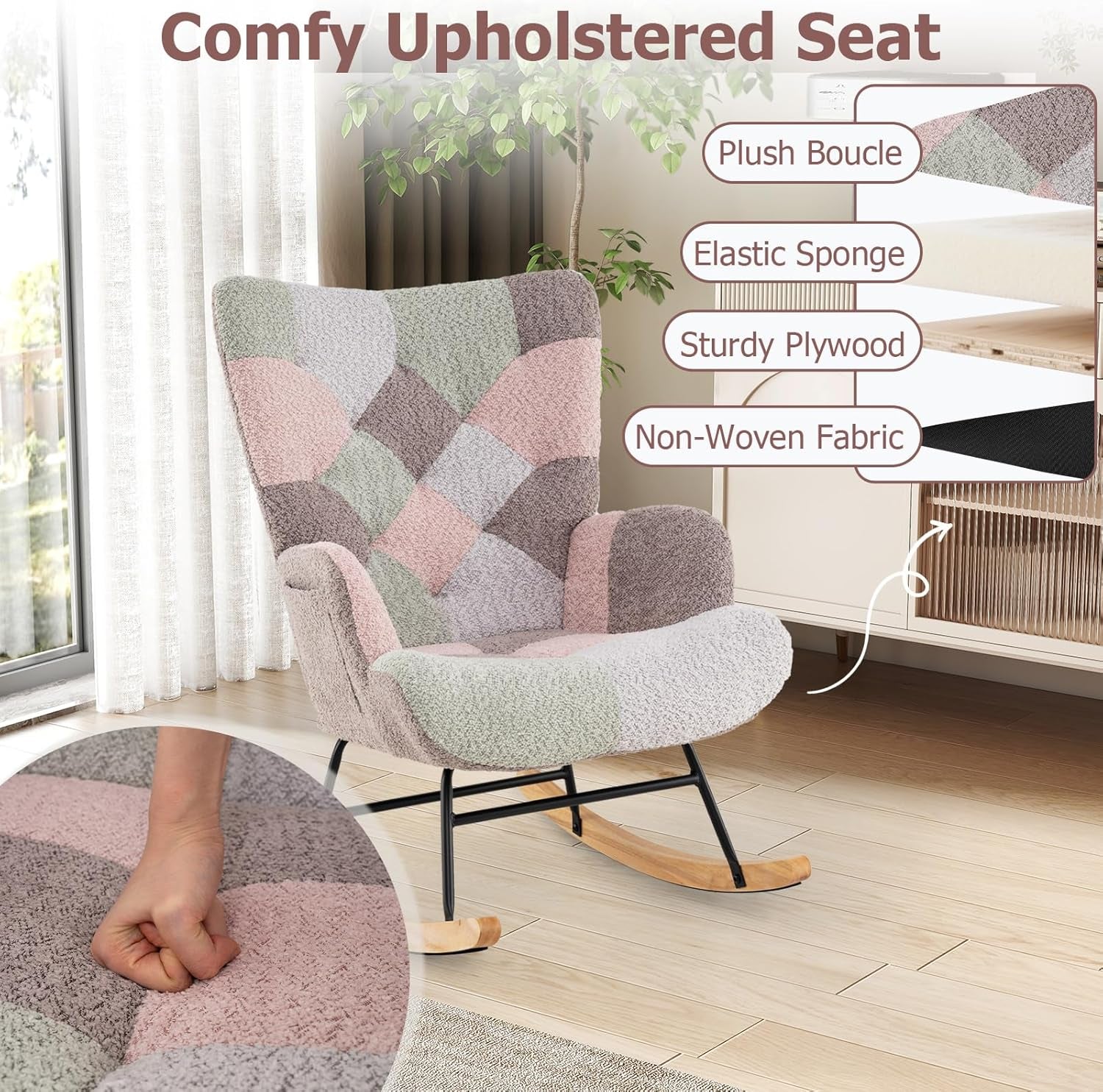 Rocking Chair Nursery, Boucle Upholstered Glider Rocker W/Ergonomic High Backrest, Rubber Wood Legs & Side Pocket, Patchwork Modern Accent Chair for Bedroom, Living Room, Offices