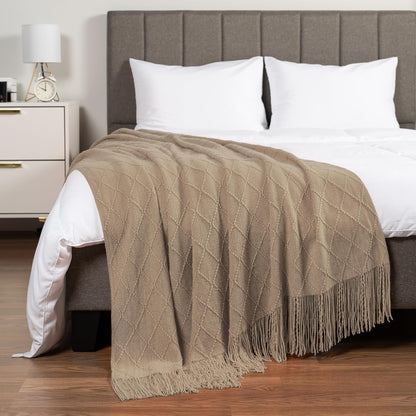 Tan Taupe Knit Throw Blanket for Couch Bed, Soft Knitted Farmhouse Sofa Throw for Living Room, Lightweight Decorative Fall Throw Blanket for Chair, Outdoor Textured Boho Blanket, 50X60