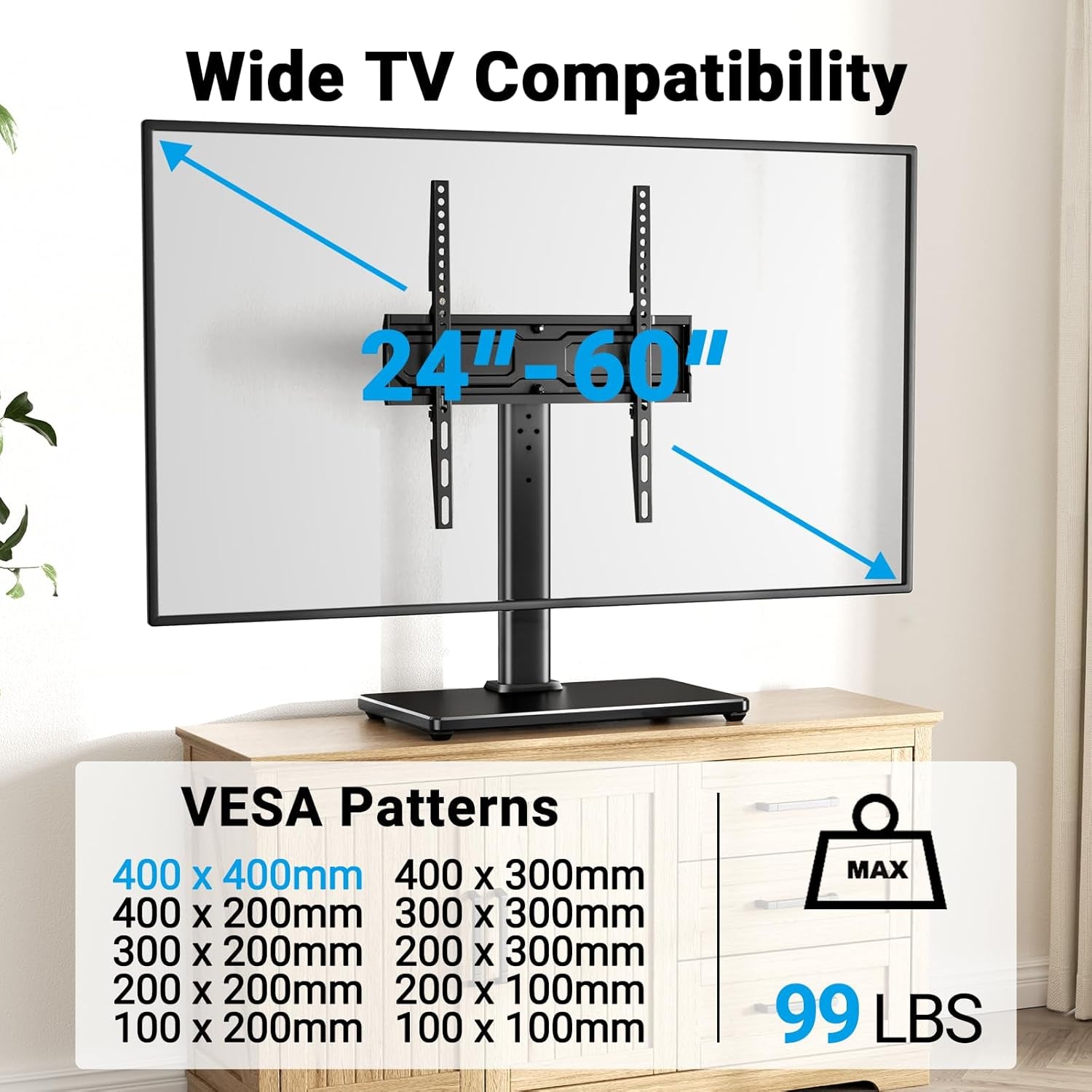 Universal Swivel TV Stand for 24-60 Inch Tvs up to 99 Lbs, 12 Height Adjustable Table Top TV Stand, TV Base Stand with Tempered Glass Base, Max VESA 400X400Mm, PSTVS33