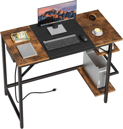 Computer Desk, Home Office Desk with Power Outlet, Writing Desk with 2 Shelves, Modern Small Desk for Home Office, Study, Easy to Assemble, Rustic Brown and Black BF43UDN01
